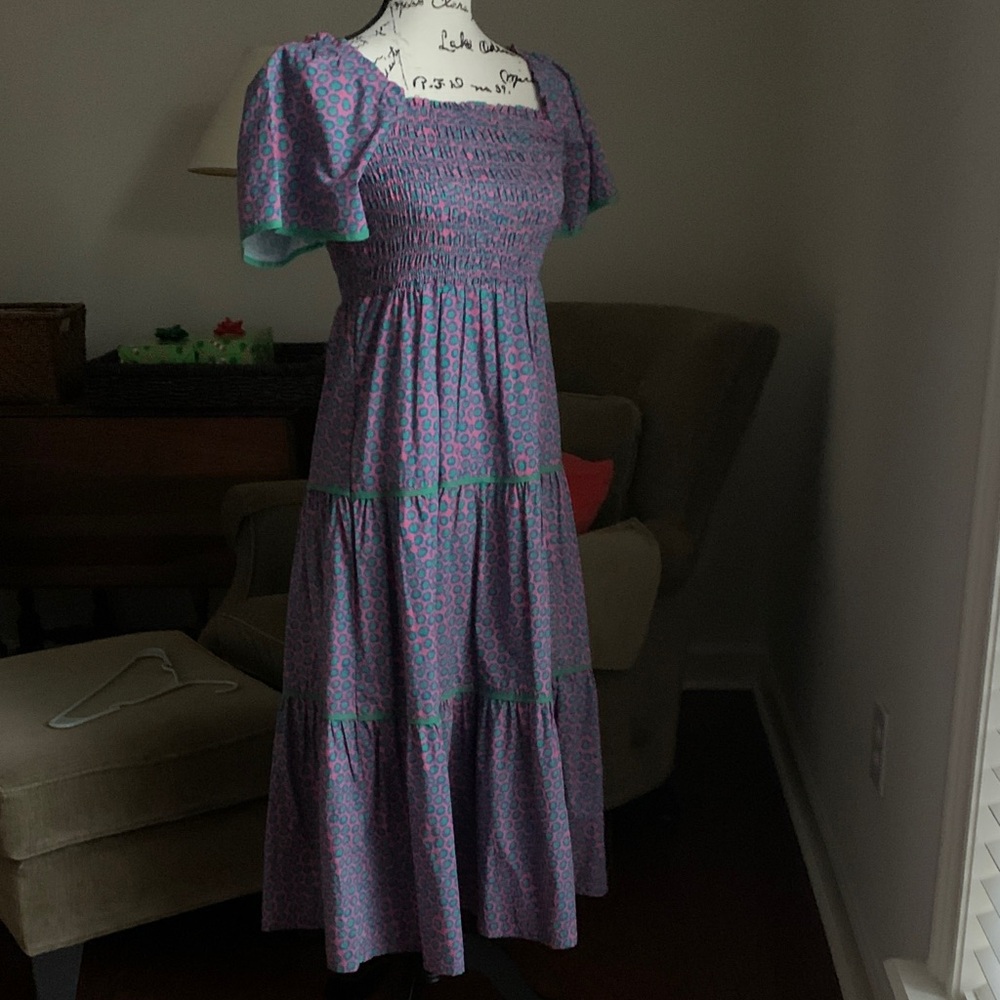 Purple and Green Smocked Midi Dress
